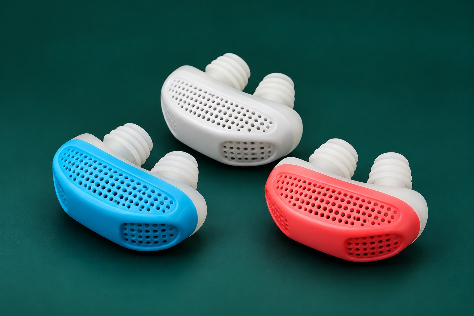 Three nasal devices in blue, white and red, each with two ribbed silicone plugs, arranged on a dark green surface